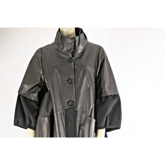 Black Leather Wool Contrasted Button Down Puff Midi Coat Size M - Picture 2 of 7